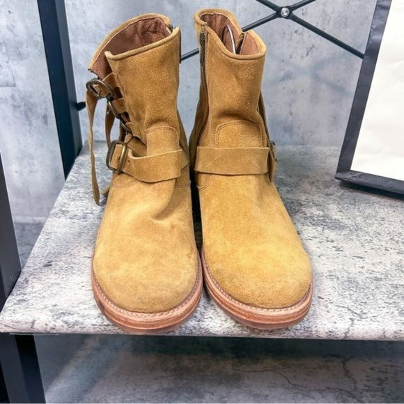 FRYE | Veronica Buckle Strap Suede Short Ankle Biker Moto Boots in ‘Brandy’ - Picture 8 of 13